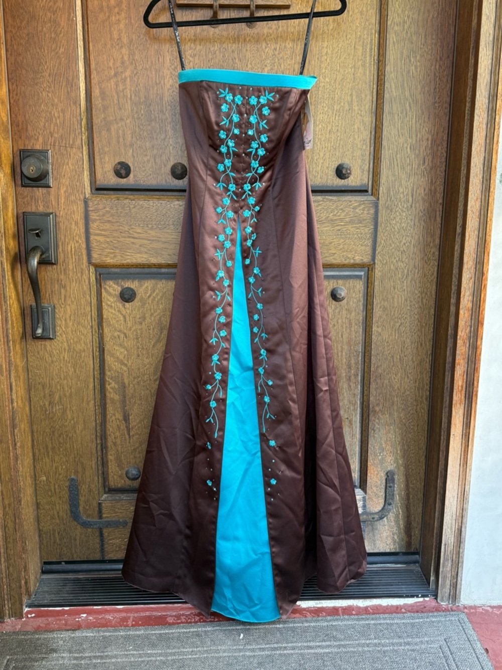 Jump Brown and Teal Strapless Embroidered Gown Size 3